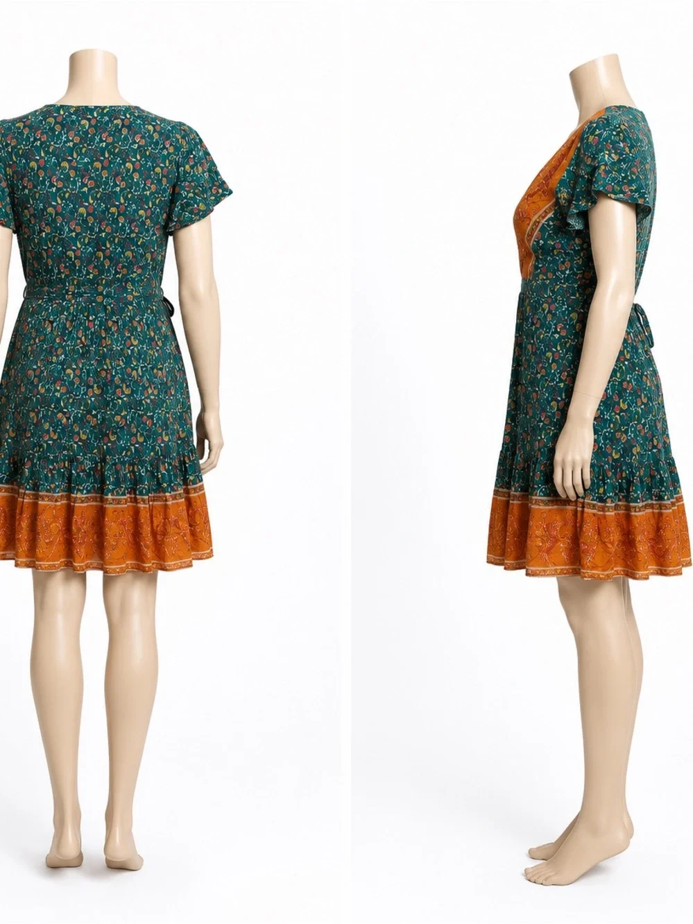 Floral Wrap Midi Dress in Teal and Mustard